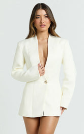 Hepburn Mini Dress - Gold Hardware Button Detail Wrap Front Blazer Dress in White