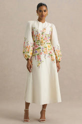 Dahlia | White Floral Border Print High-Neck Midi Dress