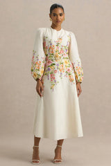 Dahlia | White Floral Border Print High-Neck Midi Dress
