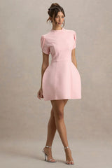 Carabella | Pink High-Neck Short-Sleeve Mini Dress