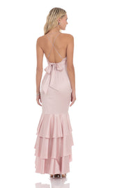 Satin Ruffle Fishtail Maxi Dress in Pink