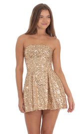 Sequin Strapless Fit and Flare Dress in Gold