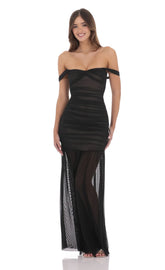 Mesh Off Shoulder Ruched Maxi Dress in Black