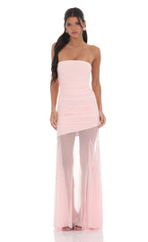 Mesh Fishtail Maxi Dress in Pink