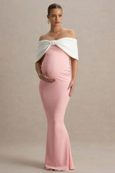 Libra | Pink & White Bow Bardot Maternity Maxi Dress
