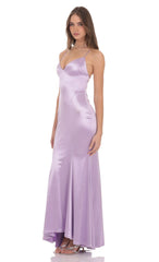 Satin Open Back Mermaid Maxi Dress in Lavender