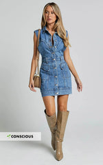 Jasse Mini Dress - Hardware Button Through Denim Dress in Mid Blue Wash