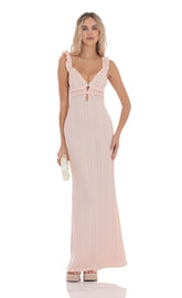 Knit Ruffle Maxi Dress in Pink