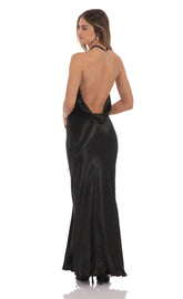 Rhinestone Satin Open Back Maxi Dress in Black