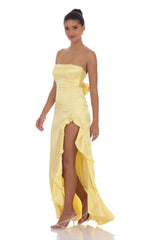 Satin Jacquard Back Bow Corset Maxi Dress in Yellow