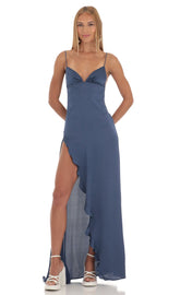 Satin Ruffle Maxi Dress in Blue