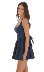 Floral Jacquard Open Back Bow Dress in Navy