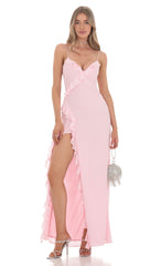 Ruffle V-Neck Maxi Dress in Pink