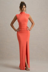 Lanetta | Coral Ruched High-Neck Maxi Dress With Split