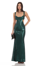 Sequin Cutout Maxi Dress in Green