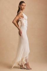Embellished Plunge Ruffled Corset Maxi Dress in Ivory