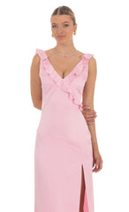Satin V-Neck Open Back Maxi Dress in Pink