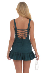 Jacquard Bubble Ruffle Dress in Teal