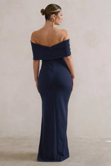 Eva | Navy Bardot Bow Detail Maxi Dress With Thigh Split