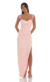 Suede Draped Lace Maxi Dress in Pink