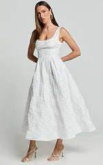 Georgine Midi Dress - Square Neck Fit and Flare Jacquard Dress in Ivory