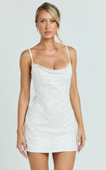 Alana Mini Dress - Sequin Lace Cowl Neck Dress in White