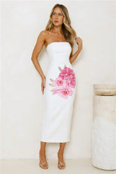 Floral Sparkle Strapless Midi Dress White