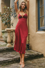 Lake Como Fitted Bodice Cami Strap Midi Dress Cherry