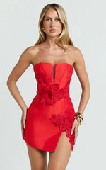 Dolores Mini Dress - Strapless Plunge Bodycon Leg Split Dress in Red