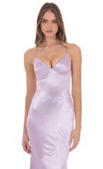Satin Open Back Mermaid Maxi Dress in Lavender