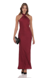 Satin Cross Halter Maxi Dress in Wine