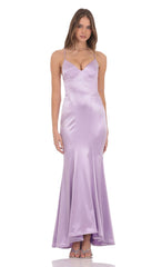 Satin Open Back Mermaid Maxi Dress in Lavender