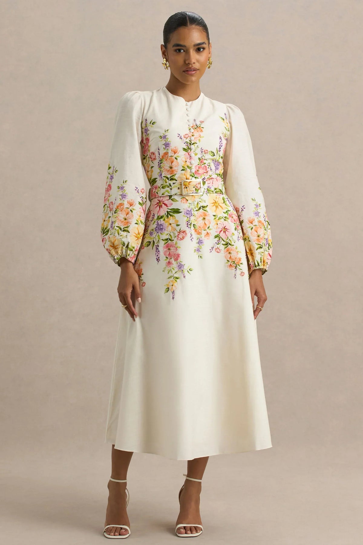 Dahlia | White Floral Border Print High-Neck Midi Dress