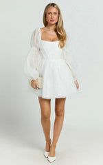 Ingrid Mini Dress - Long Puff Sleeve Pearl Detail Dress in White