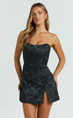 Brailey Mini Dress - Strapless Dress in Black Jacquard