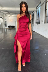 Elianna One Shoulder Satin Maxi Dress - Burgundy