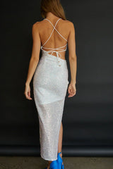 Can't Hardly Wait Cut-Out Midi Dress Sequin White