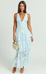 Eva Midi Dress - Deep V Neck Sleeveless Layered Dress in Blue