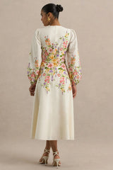 Dahlia | White Floral Border Print High-Neck Midi Dress