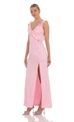 Satin V-Neck Open Back Maxi Dress in Pink