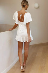 Eyes On You Pleated Bust Angel Sleeve Ruffle Hem Dress White