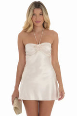 Flower Satin Halter Dress
