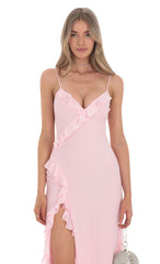 Ruffle V-Neck Maxi Dress in Pink