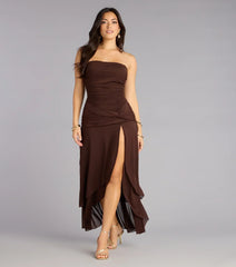 Chic Drama Strapless High Slit Ruffle Maxi Dress