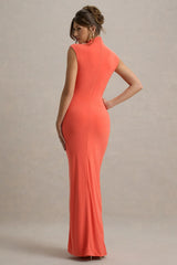 Lanetta | Coral Ruched High-Neck Maxi Dress With Split