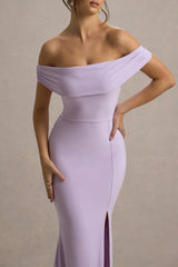 Law of Attraction | Lilac Bardot Draped Split Maxi Dress