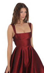 Square Neck Flare Midi Dress in Maroon