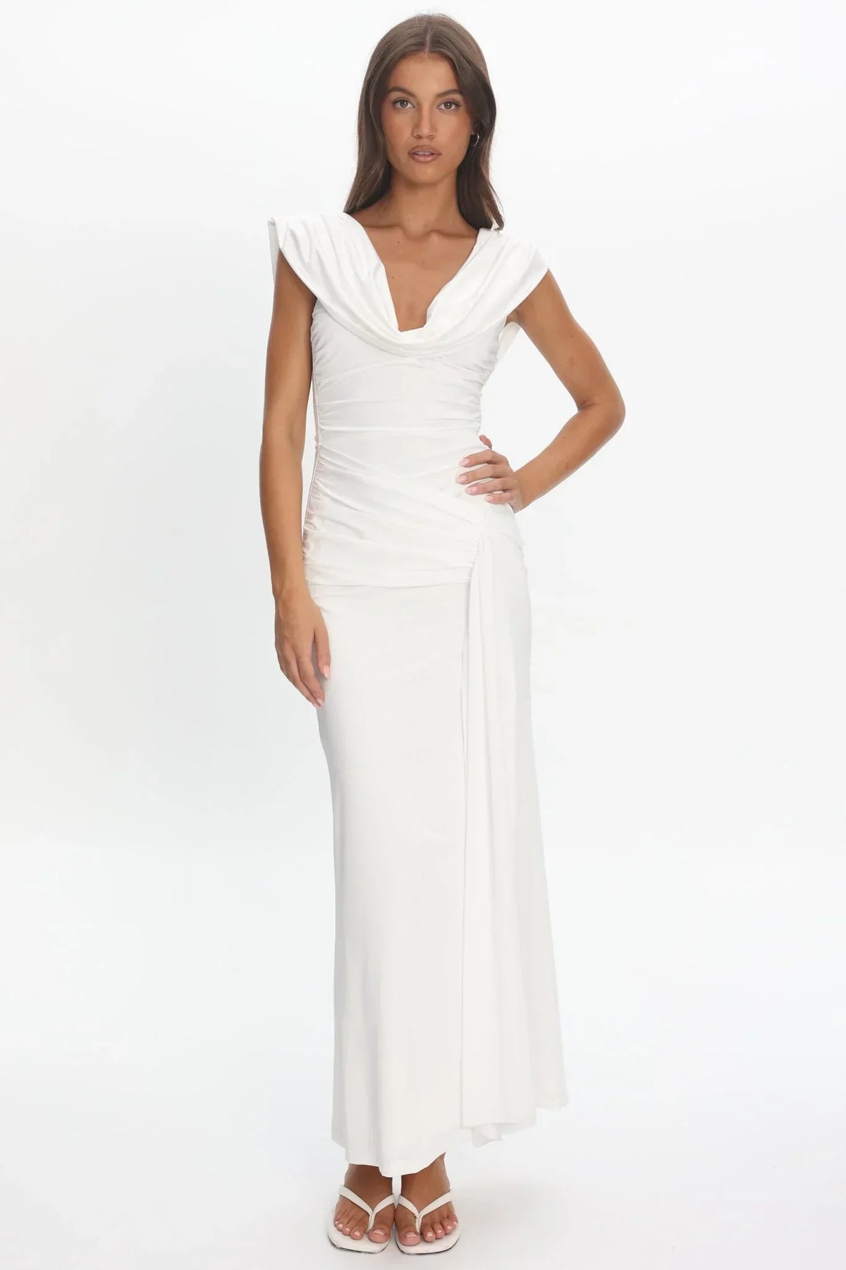 Fermi Draped Shoulder Maxi Dress Off White
