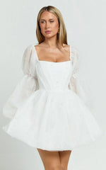 Ingrid Mini Dress - Long Puff Sleeve Pearl Detail Dress in White