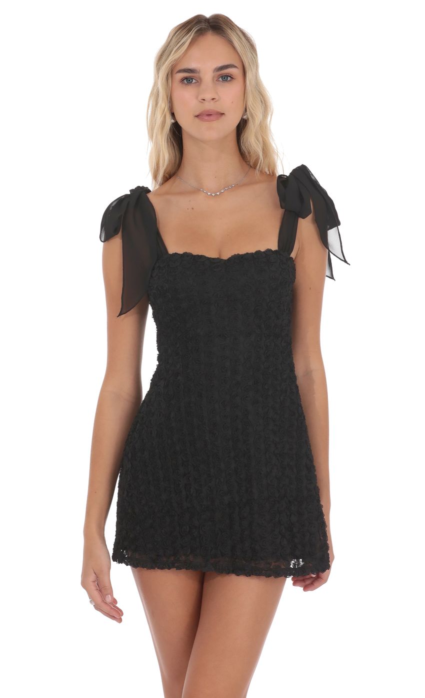 Rosette Shoulder Tie Dress in Black